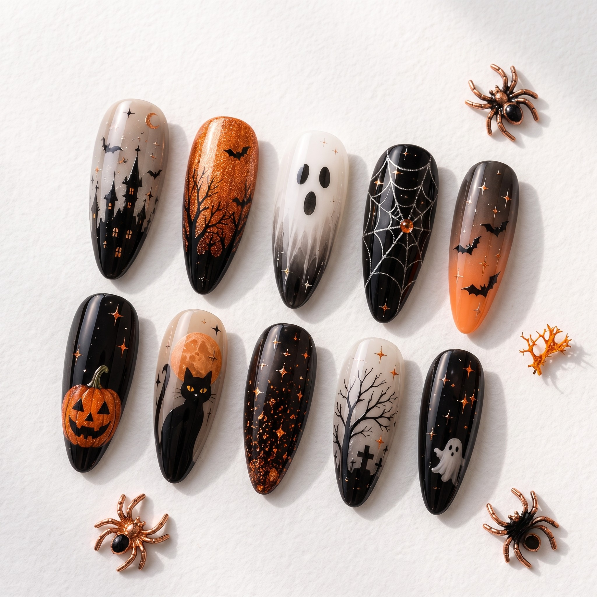 Halloween Press On Nails - Ghost, Pumpkin & Black Cat Handmade Nails