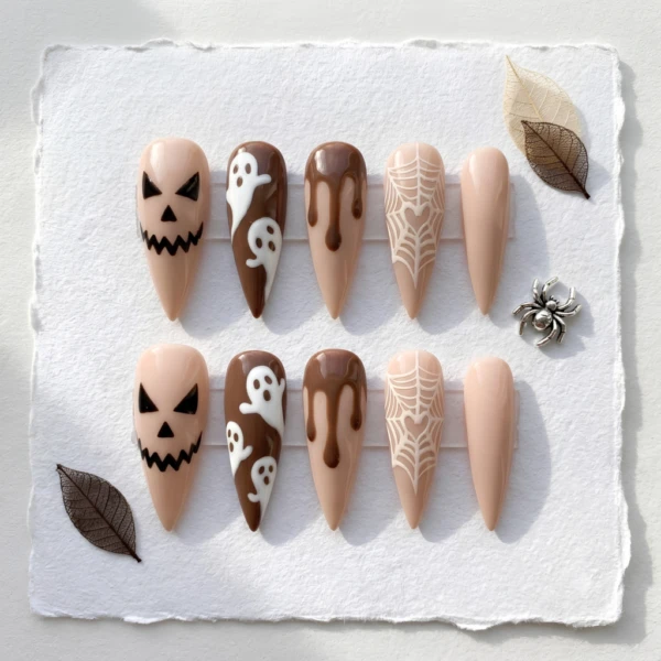 Ghost Pumpkin Nails, Nude Brown Almond Fall Nail, Set Halloween Press On Nails