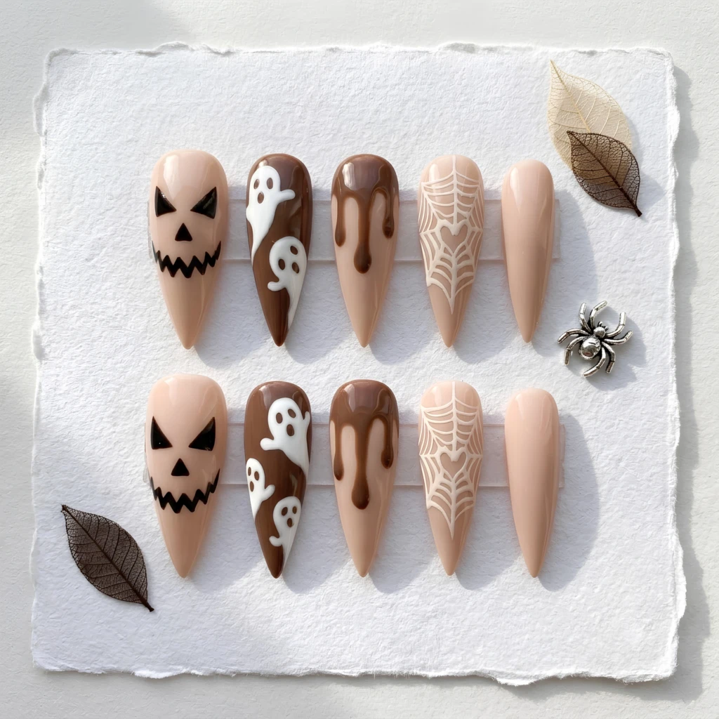 Ghost Pumpkin Nails, Nude Brown Almond Fall Nail, Set Halloween Press On Nails