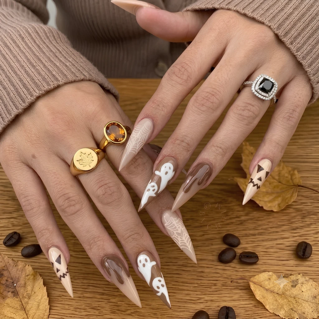 Ghost Pumpkin Nails, Nude Brown Almond Fall Nail, Set Halloween Press On Nails