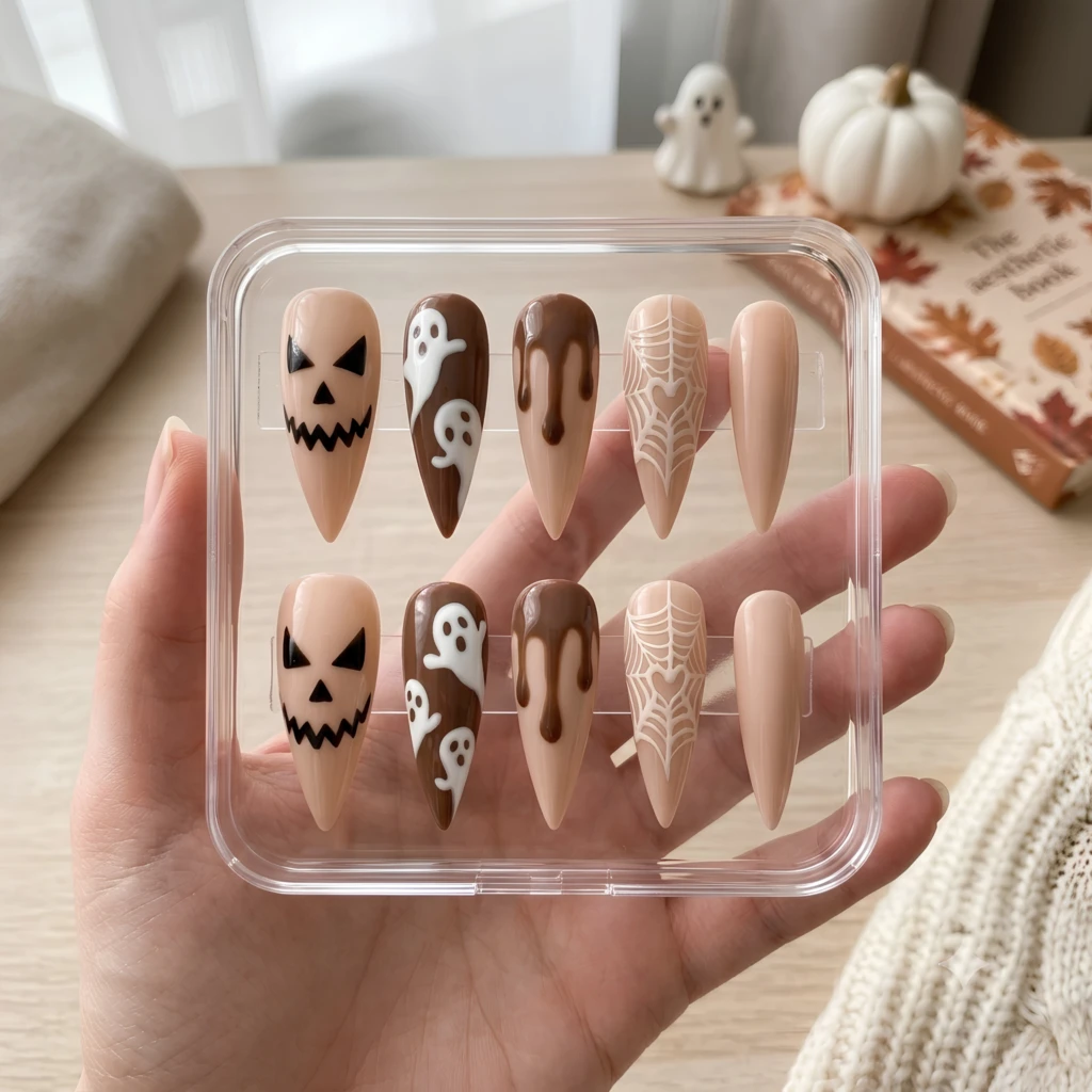 Ghost Pumpkin Nails, Nude Brown Almond Fall Nail, Set Halloween Press On Nails