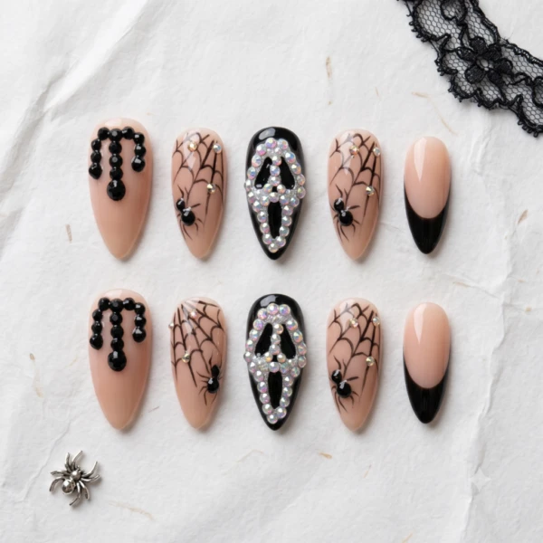 Ghostface Halloween Press On Nails, Black French Spider Web Rhinestone Nails