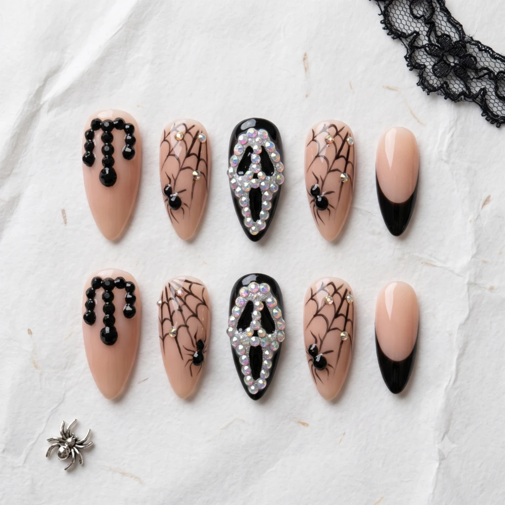 Ghostface Halloween Press On Nails, Black French Spider Web Rhinestone Nails