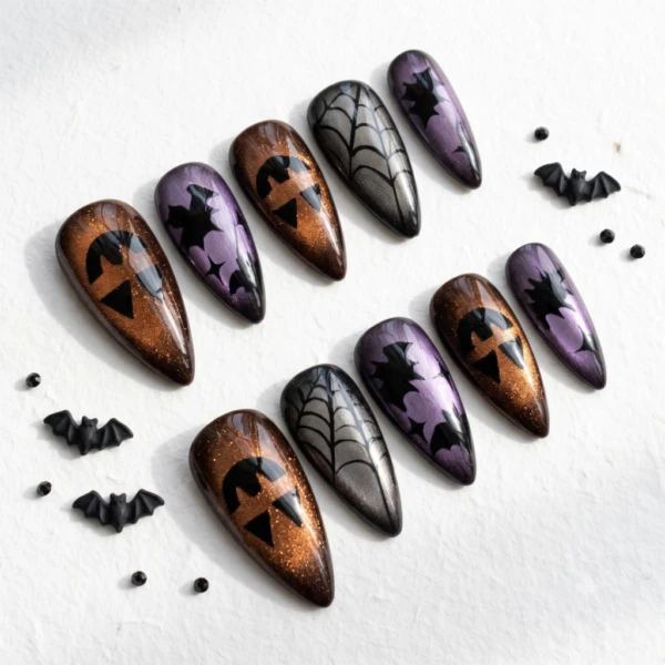 Pumpkin Bat Halloween Press On Nails, Purple Brown Almond Nail Set