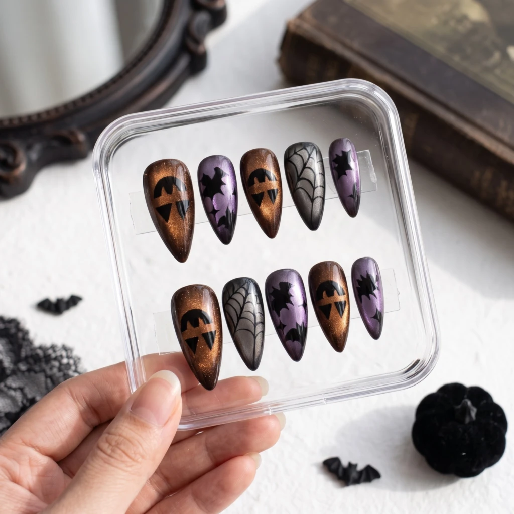 Pumpkin Bat Halloween Press On Nails, Purple Brown Almond Nail Set