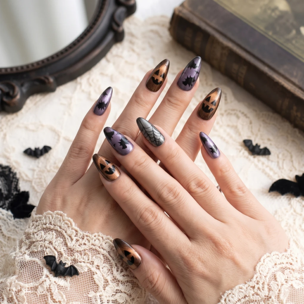 Pumpkin Bat Halloween Press On Nails, Purple Brown Almond Nail Set