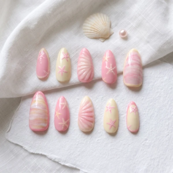 Pink Beach Press On Nails, Handmade Starfish Shell Nails, Summer Ocean Press On Nails, Mermaid Nails, Vacation Nails