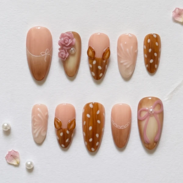 Cute Deer Press On Nails, Coquette Nail Set, Pink Floral Nails, Handmade Nude Press On Nails, Fairycore Nails
