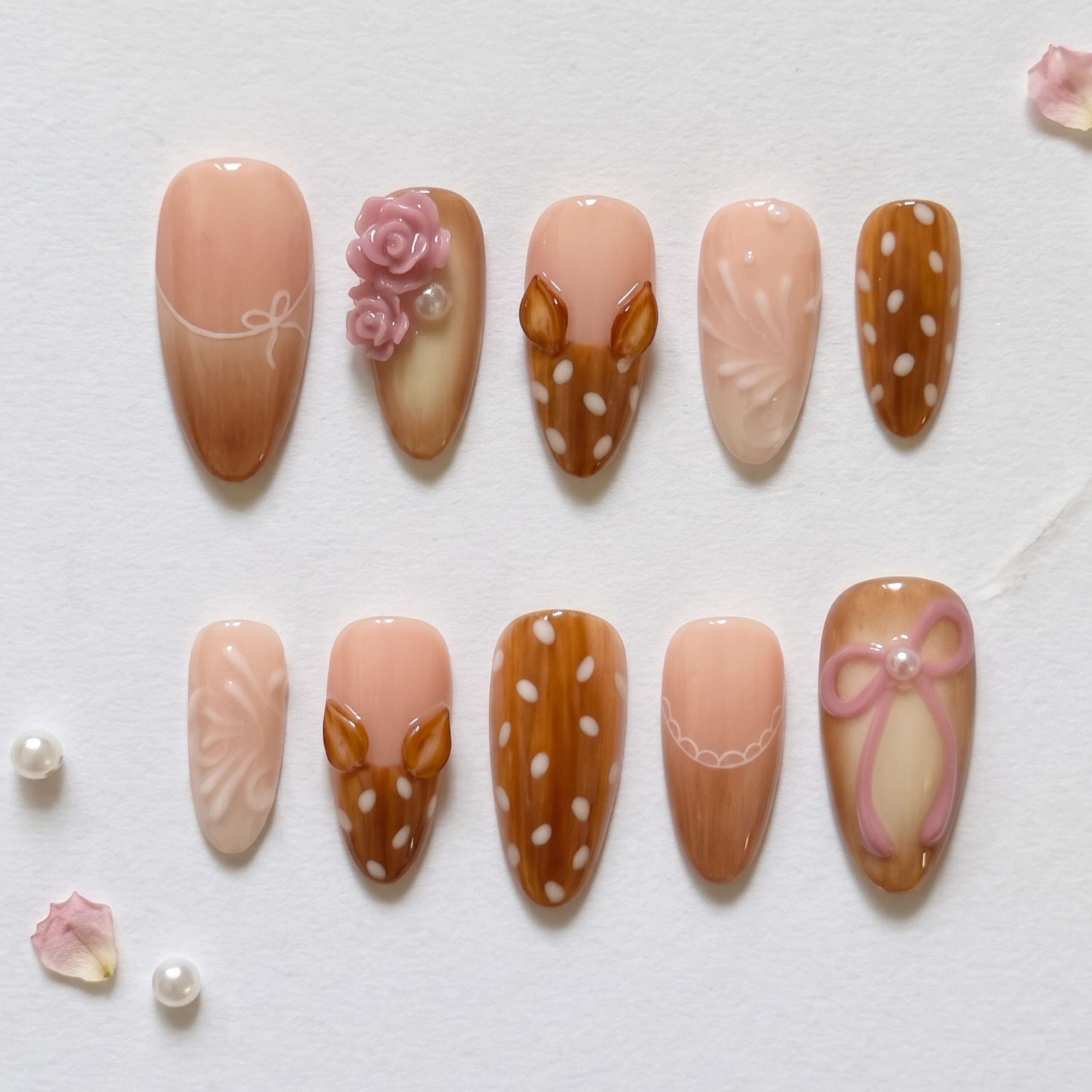 Cute Deer Press On Nails, Coquette Nail Set, Pink Floral Nails, Handmade Nude Press On Nails, Fairycore Nails