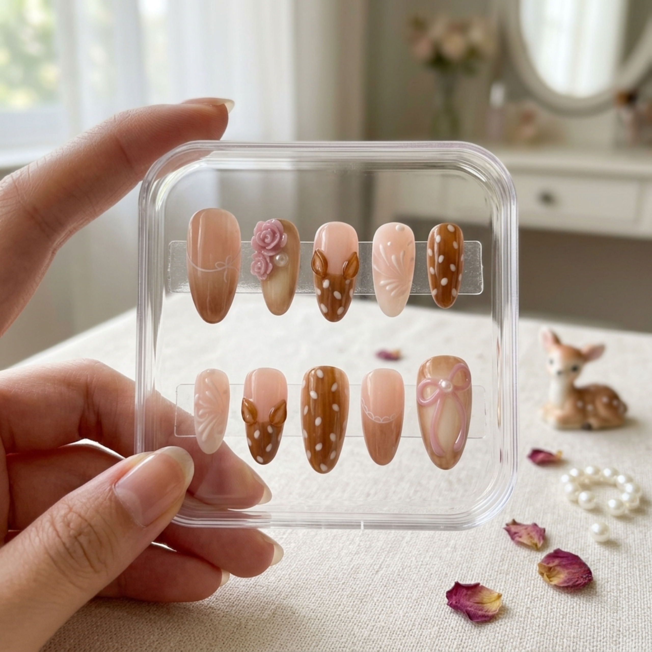 Cute Deer Press On Nails, Coquette Nail Set, Pink Floral Nails, Handmade Nude Press On Nails, Fairycore Nails