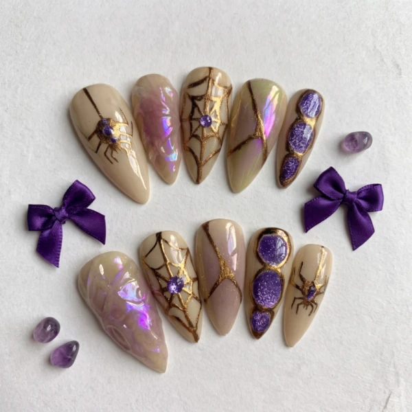 Spooky Press On Nails, Purple Halloween Nails, Spider Nail Art, Gothic Nails, Handmade Luxury Press On Nails