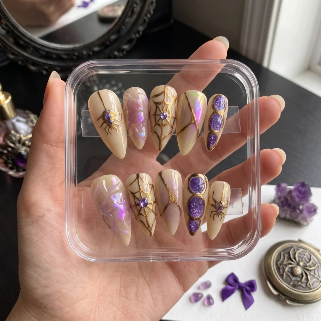 Spooky Press On Nails, Purple Halloween Nails, Spider Nail Art, Gothic Nails, Handmade Luxury Press On Nails