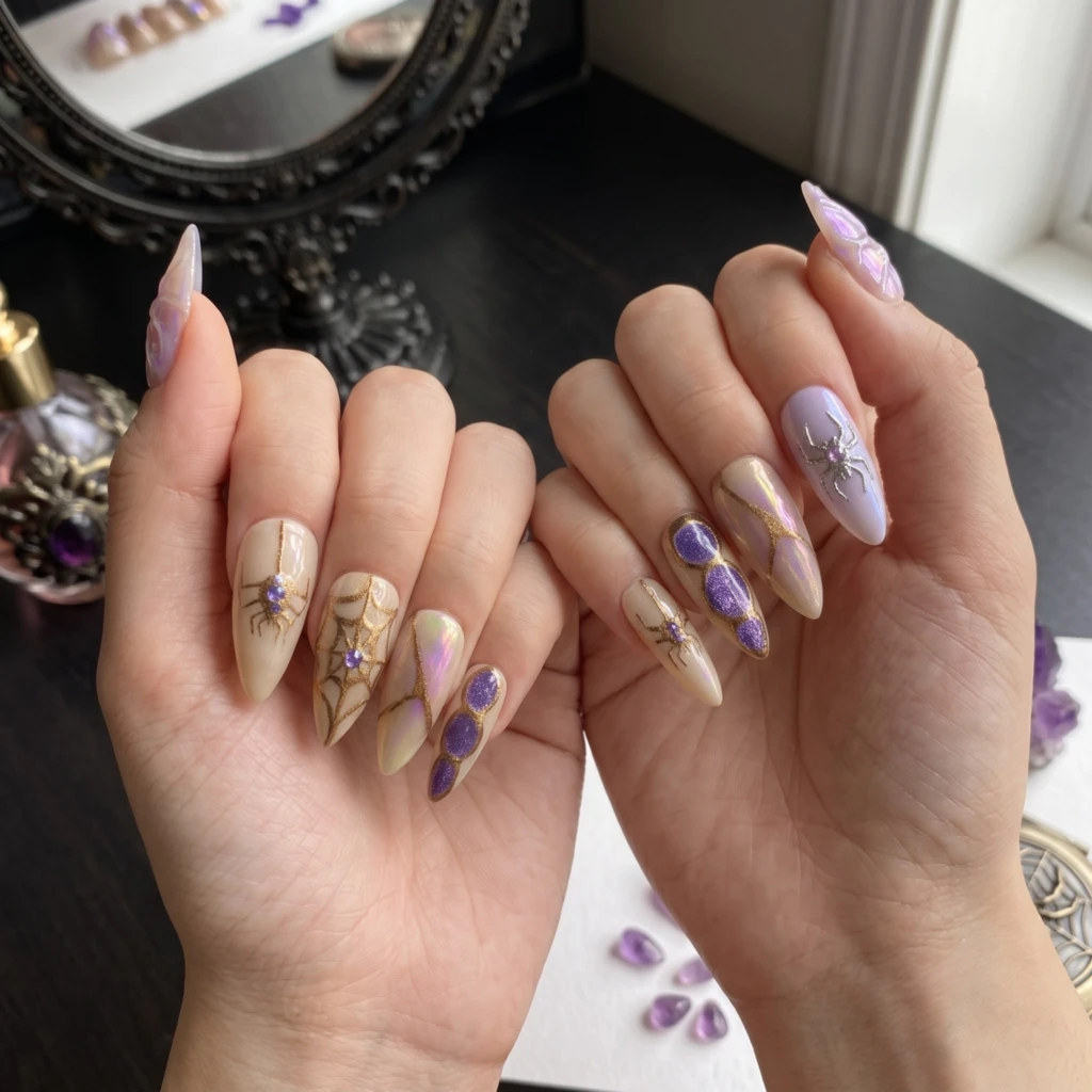 Spooky Press On Nails, Purple Halloween Nails, Spider Nail Art, Gothic Nails, Handmade Luxury Press On Nails