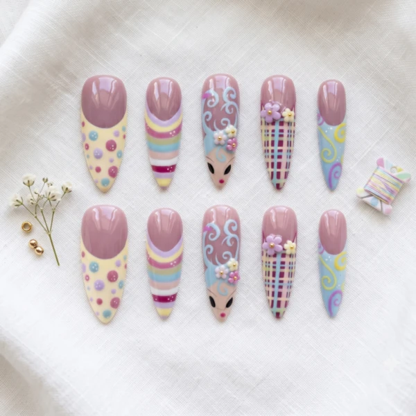 Kawaii Press On Nails, Pastel Nail Set, Cute Character Nails, Handmade Spring Nails, Colorful Gel Nails
