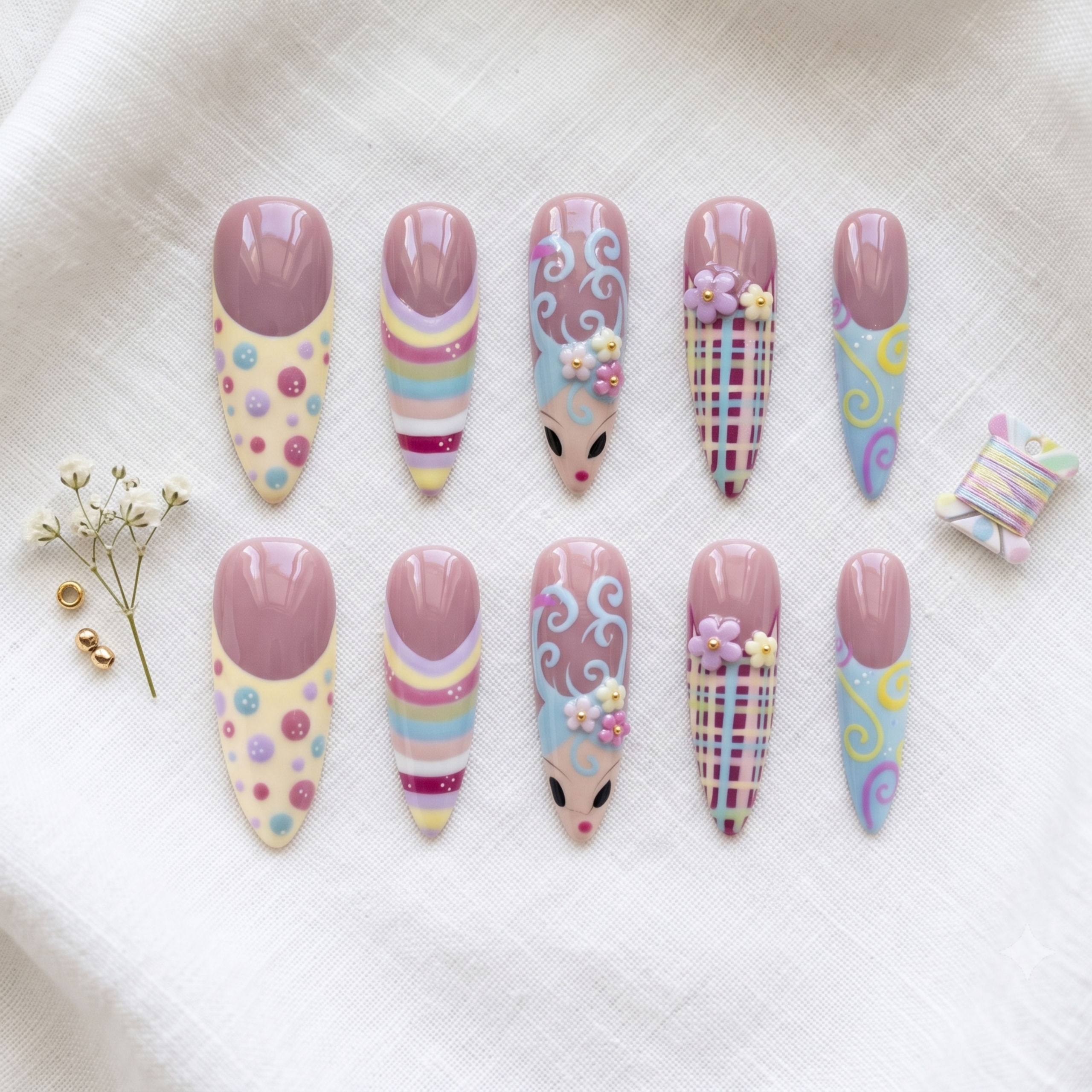 Kawaii Press On Nails, Pastel Nail Set, Cute Character Nails, Handmade Spring Nails, Colorful Gel Nails