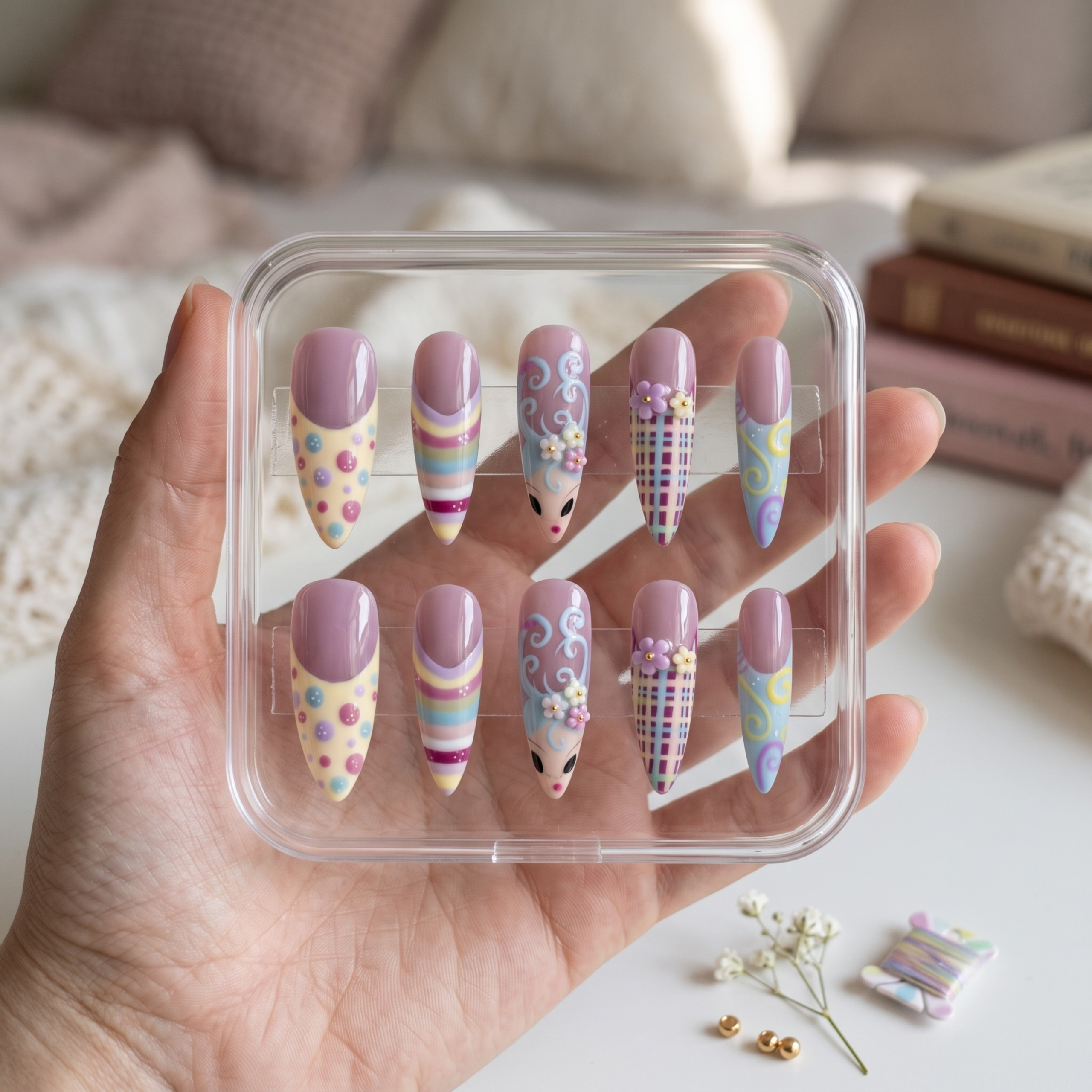 Kawaii Press On Nails, Pastel Nail Set, Cute Character Nails, Handmade Spring Nails, Colorful Gel Nails