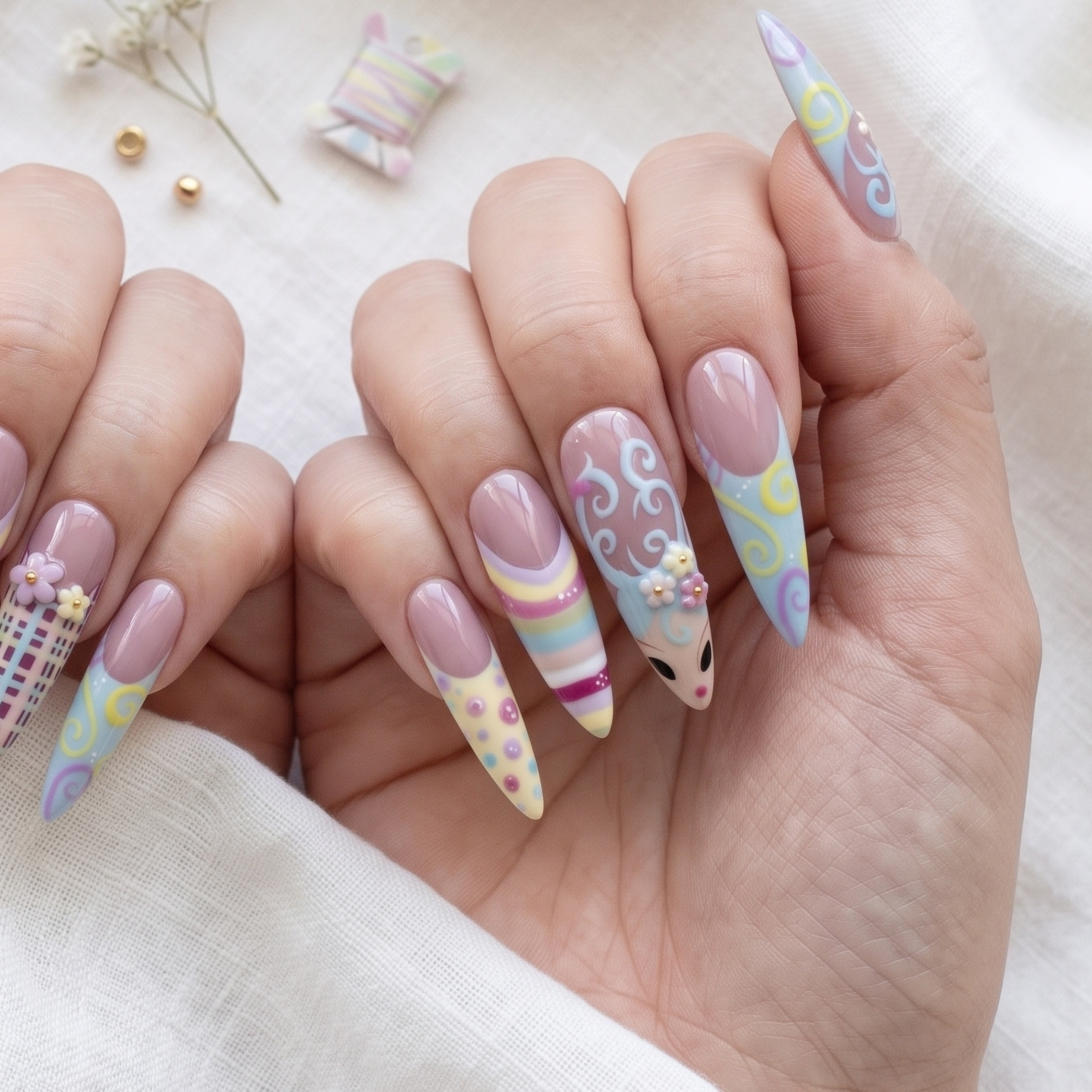 Kawaii Press On Nails, Pastel Nail Set, Cute Character Nails, Handmade Spring Nails, Colorful Gel Nails