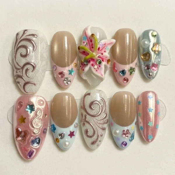 Fairycore Press On Nails, Handmade Pastel Nails, 3D Floral Nail Art, Cute Y2K Nails, Glossy Reusable Gel Press On Set