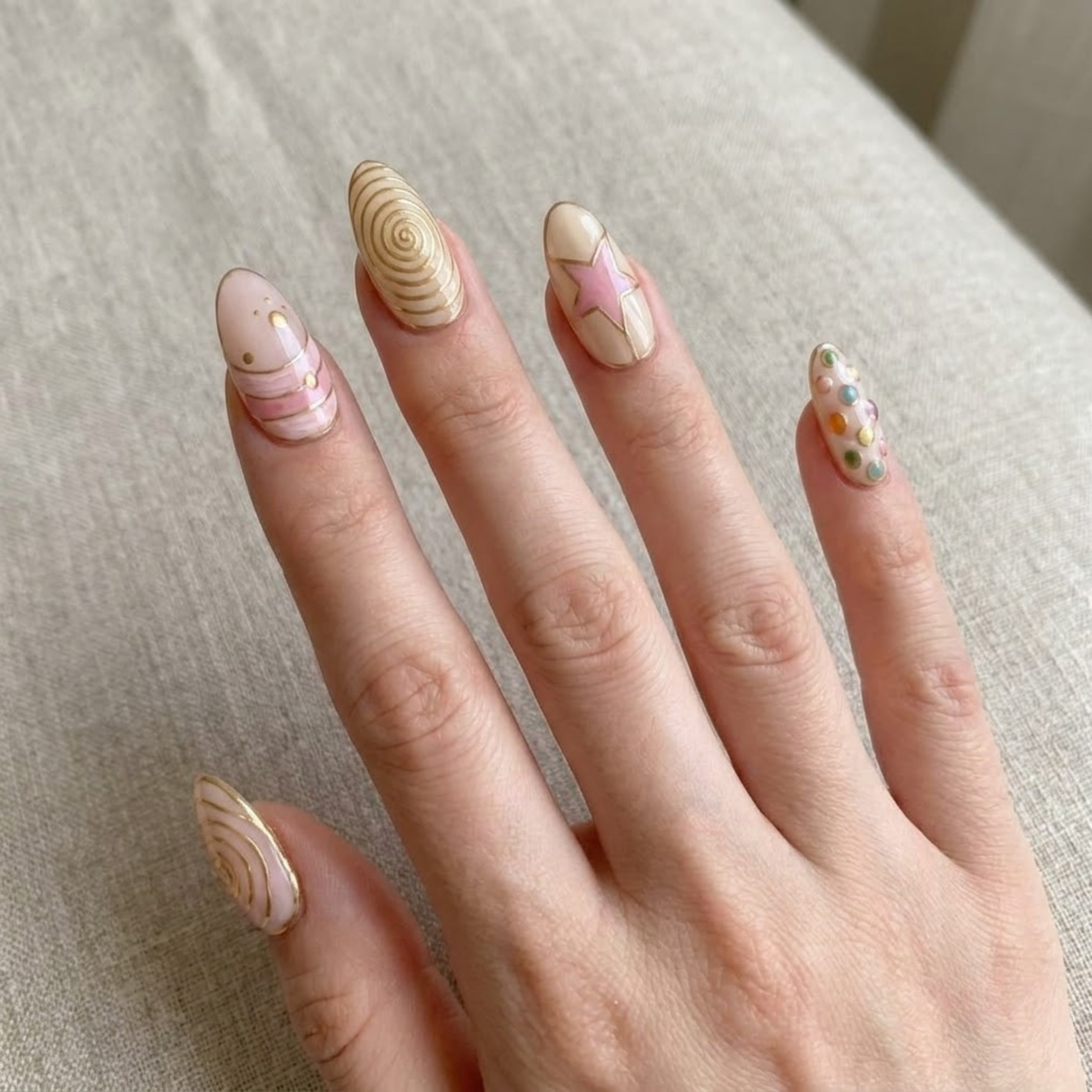 Abstract Press On Nails, Retro Pastel Nail Set, Gold Swirl Nails, Handmade Almond Nails, Reusable Gel Manicure