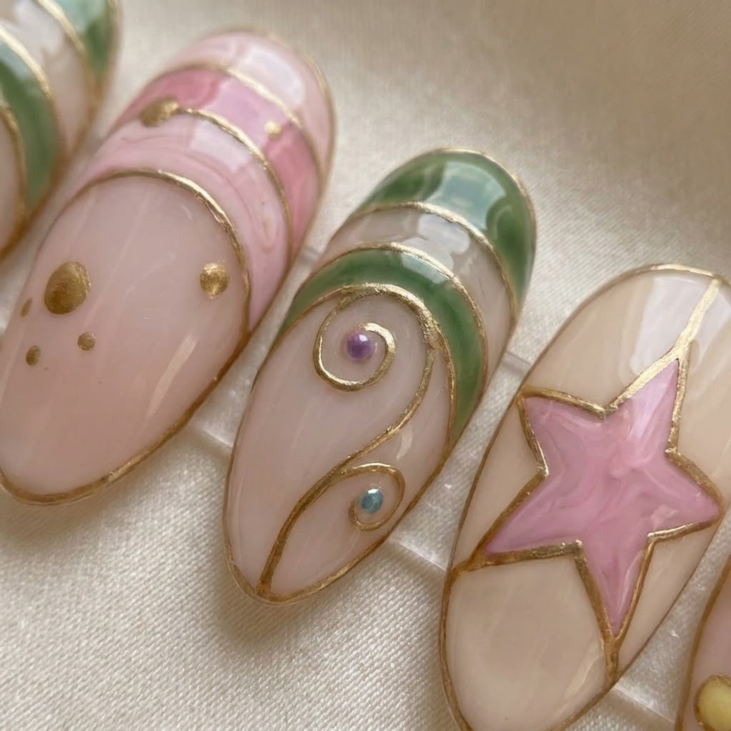 Abstract Press On Nails, Retro Pastel Nail Set, Gold Swirl Nails, Handmade Almond Nails, Reusable Gel Manicure