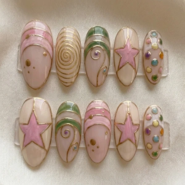 Abstract Press On Nails, Retro Pastel Nail Set, Gold Swirl Nails, Handmade Almond Nails, Reusable Gel Manicure