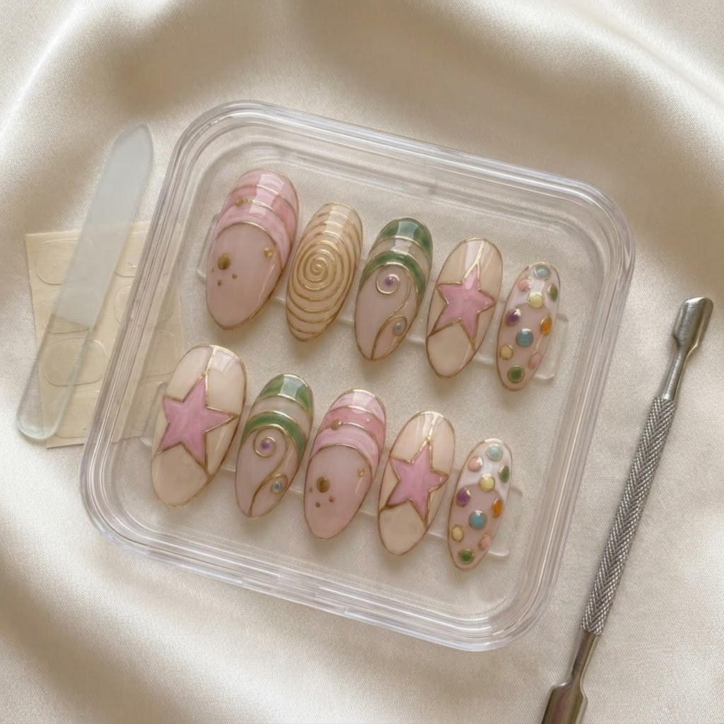 Abstract Press On Nails, Retro Pastel Nail Set, Gold Swirl Nails, Handmade Almond Nails, Reusable Gel Manicure