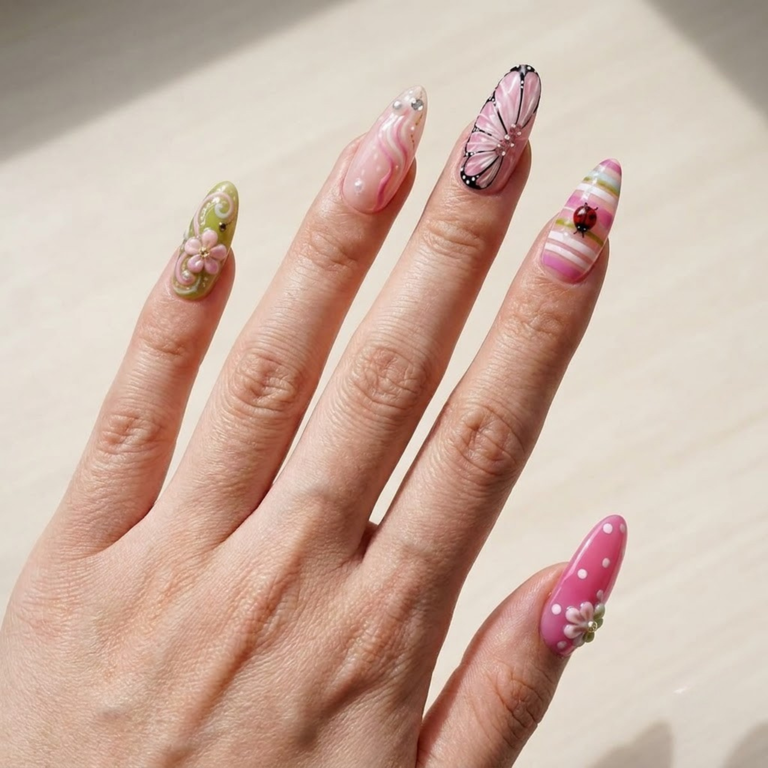 Butterfly Press On Nails, Pink Garden Nails with Ladybug, 3D Flower Handmade Gel Nails, Reusable Almond Nail Set