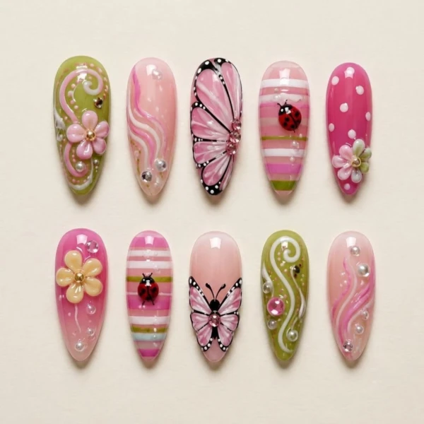 Butterfly Press On Nails, Pink Garden Nails with Ladybug, 3D Flower Handmade Gel Nails, Reusable Almond Nail Set