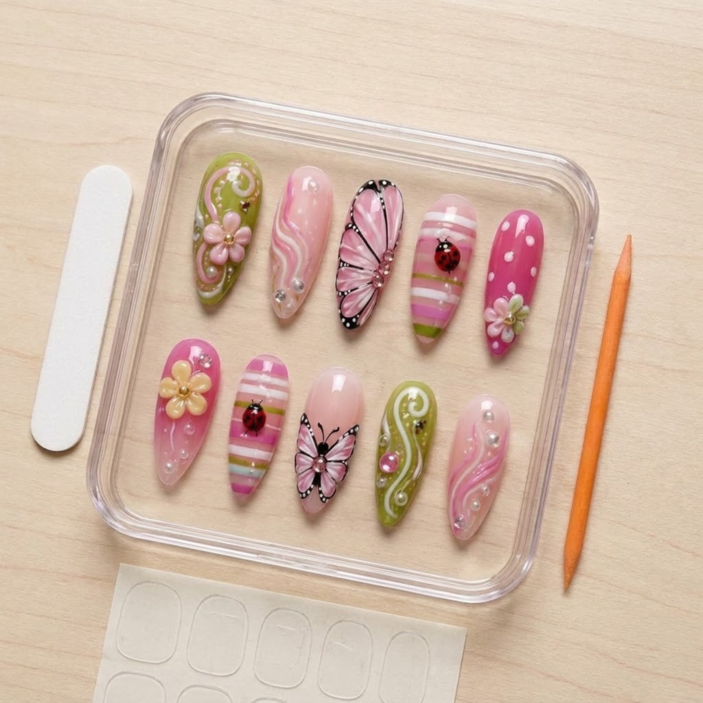 Butterfly Press On Nails, Pink Garden Nails with Ladybug, 3D Flower Handmade Gel Nails, Reusable Almond Nail Set