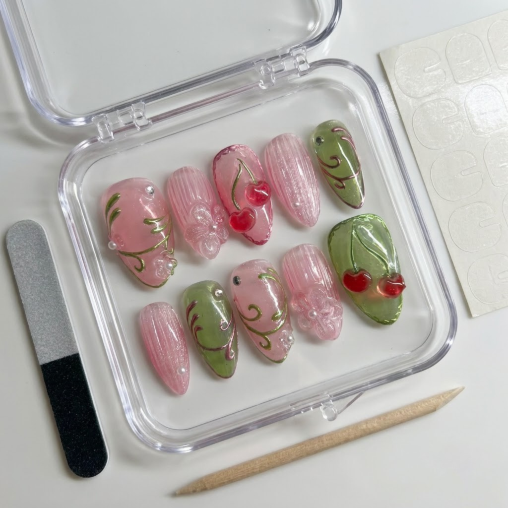 Cute Cherry Nails Press On, Pink Almond Gel Nails, Handmade Spring Summer Nail Set with 3D Flower Accents