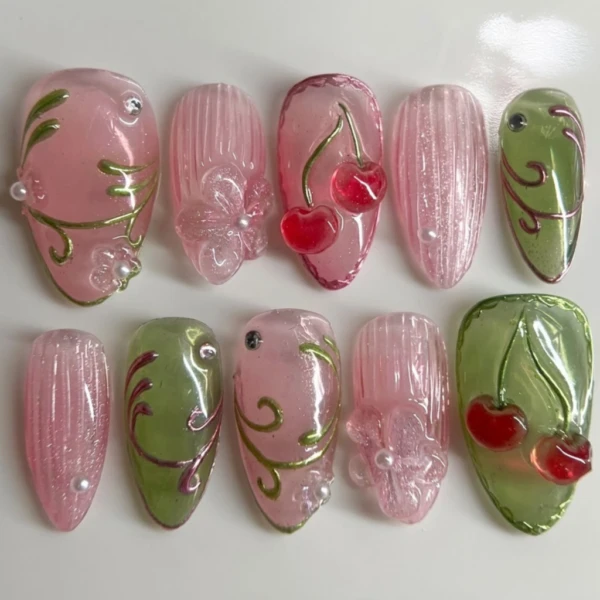 Cute Cherry Nails Press On, Pink Almond Gel Nails, Handmade Spring Summer Nail Set with 3D Flower Accents