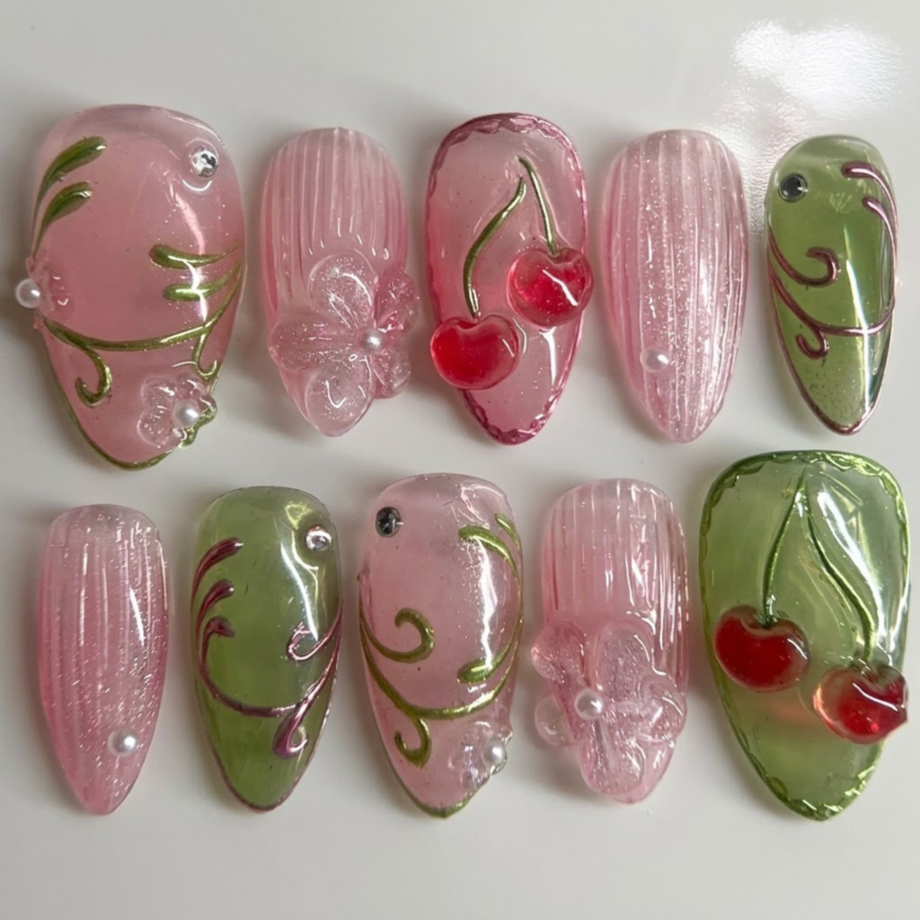 Cute Cherry Nails Press On, Pink Almond Gel Nails, Handmade Spring Summer Nail Set with 3D Flower Accents
