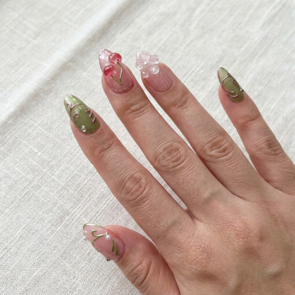 Cute Cherry Nails Press On, Pink Almond Gel Nails, Handmade Spring Summer Nail Set with 3D Flower Accents