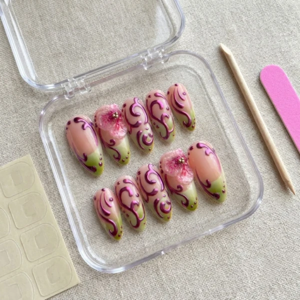 Pink Floral Press On Nails, Handmade Almond Nails with 3D Flower, Romantic Spring Reusable Gel Nail Set