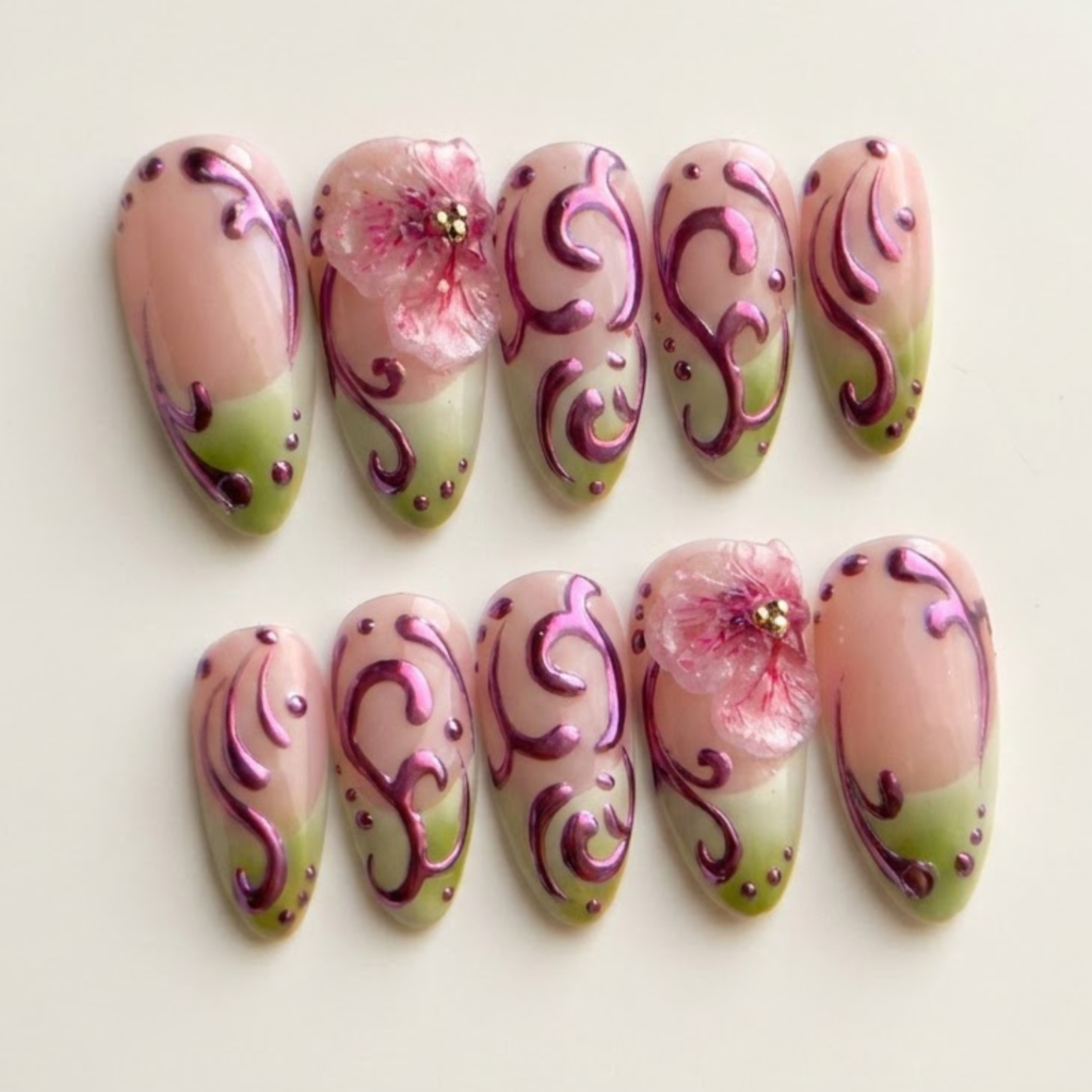 Pink Floral Press On Nails, Handmade Almond Nails with 3D Flower, Romantic Spring Reusable Gel Nail Set