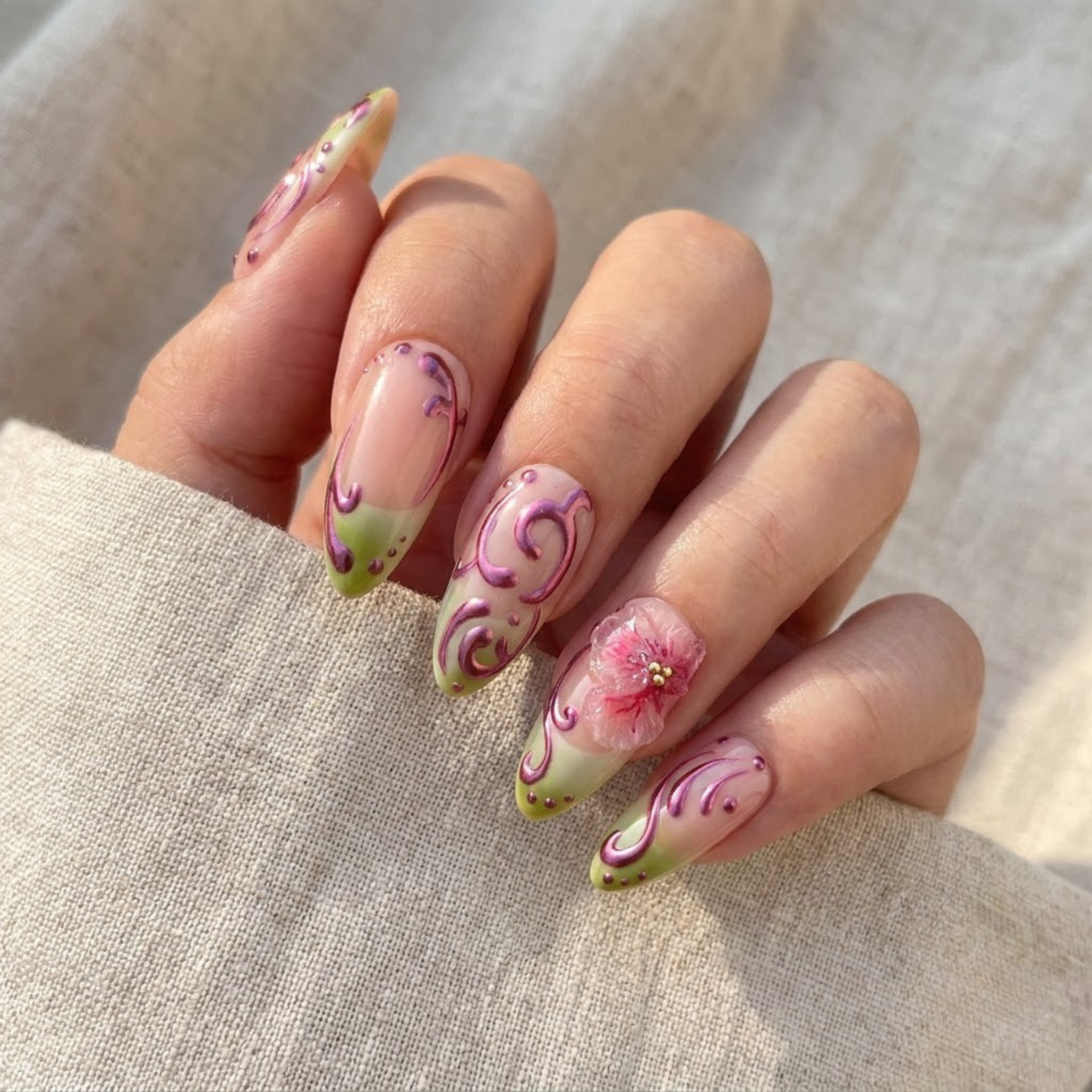 Pink Floral Press On Nails, Handmade Almond Nails with 3D Flower, Romantic Spring Reusable Gel Nail Set