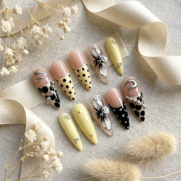 Black Floral Press On Nails, Yellow Almond Nails, Handmade Luxury Gel Nails, Reusable Spring Nail Set