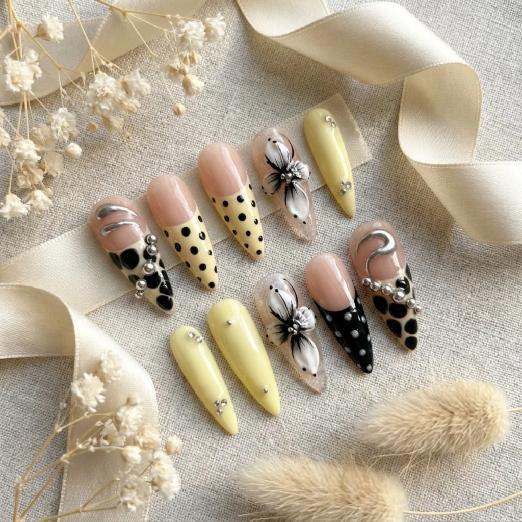 Black Floral Press On Nails, Yellow Almond Nails, Handmade Luxury Gel Nails, Reusable Spring Nail Set