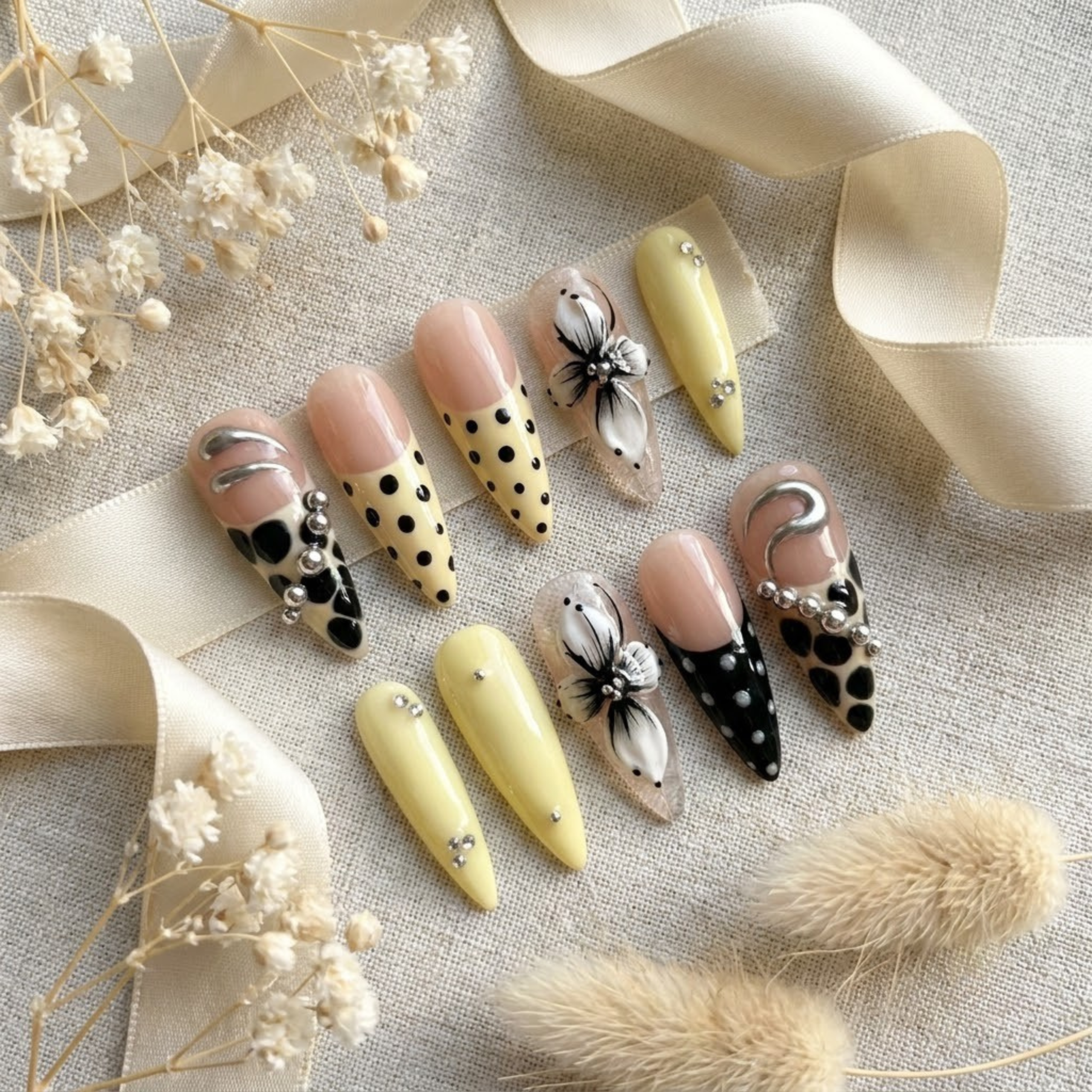 Black Floral Press On Nails, Yellow Almond Nails, Handmade Luxury Gel Nails, Reusable Spring Nail Set