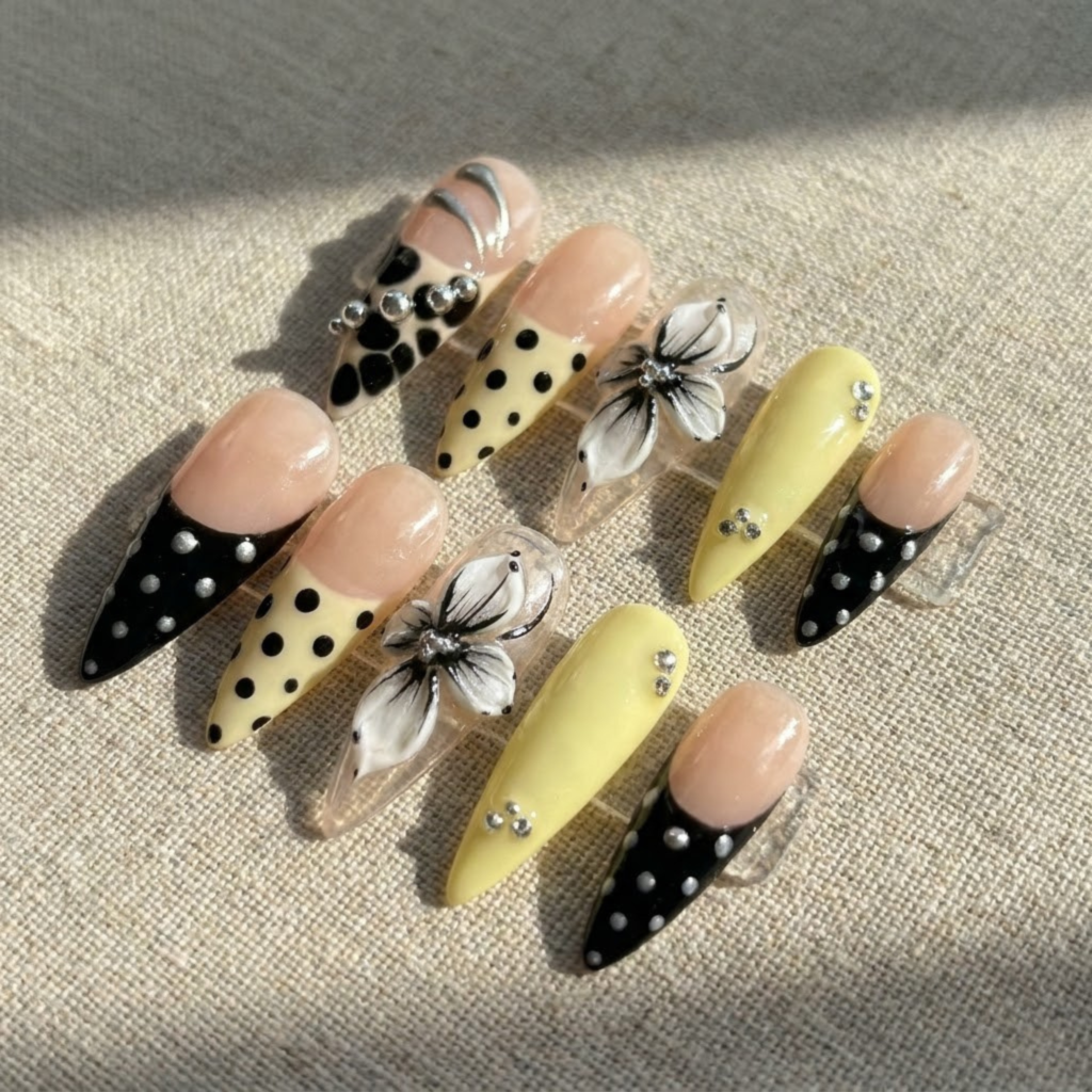 Black Floral Press On Nails, Yellow Almond Nails, Handmade Luxury Gel Nails, Reusable Spring Nail Set