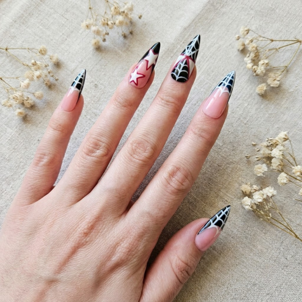 Spider Web Press On Nails, Halloween Star Nails, Pink Blue Red Nail Set, Handmade Reusable Nails