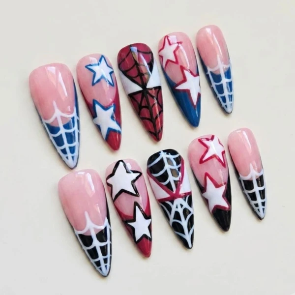 Spider Web Press On Nails, Halloween Star Nails, Pink Blue Red Nail Set, Handmade Reusable Nails