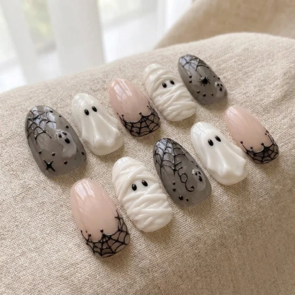 Ghost Press On Nails, Spider Web Halloween Nails, Nude Gray White Nail Set, Handmade Spooky Gel Manicure