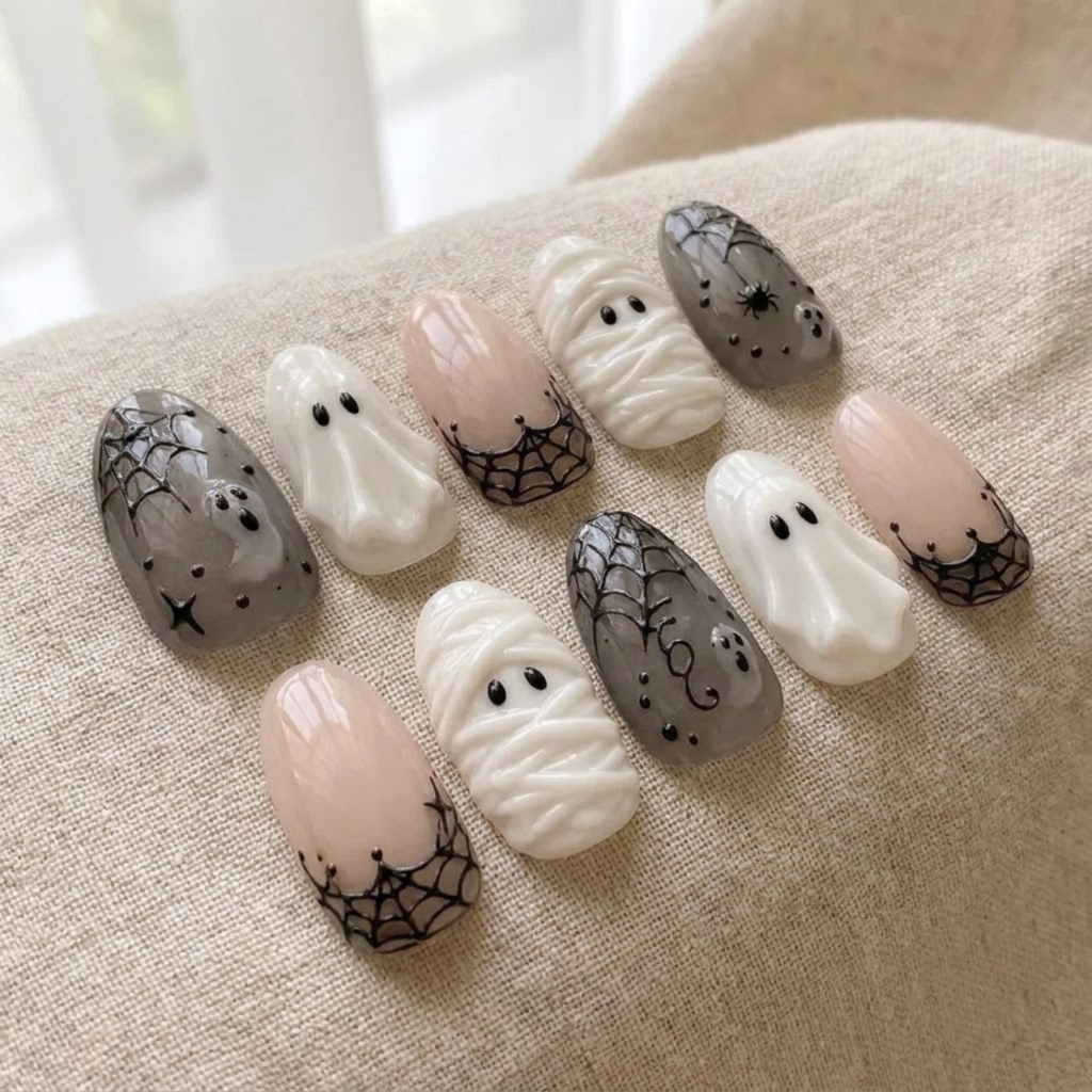 Ghost Press On Nails, Spider Web Halloween Nails, Nude Gray White Nail Set, Handmade Spooky Gel Manicure