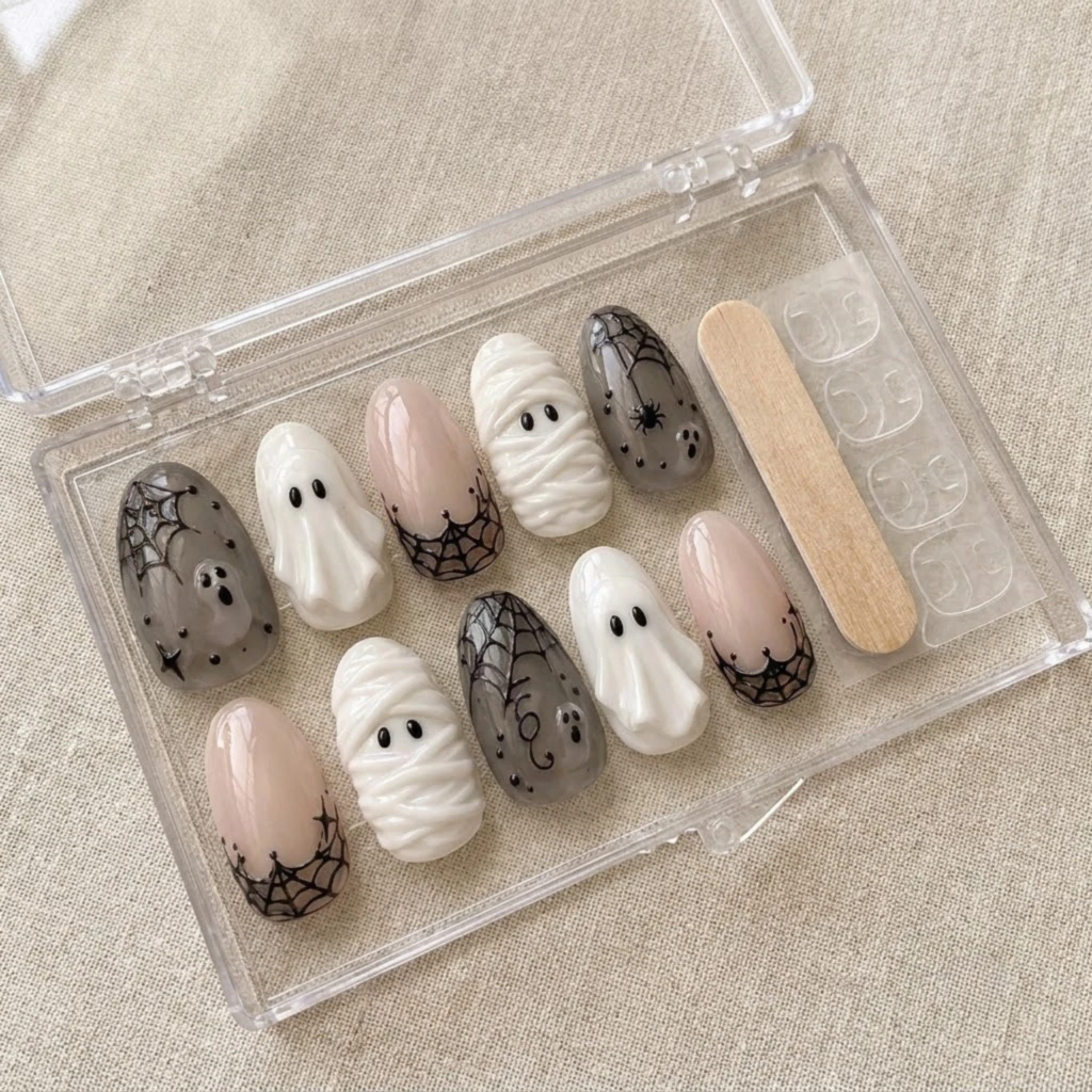 Ghost Press On Nails, Spider Web Halloween Nails, Nude Gray White Nail Set, Handmade Spooky Gel Manicure