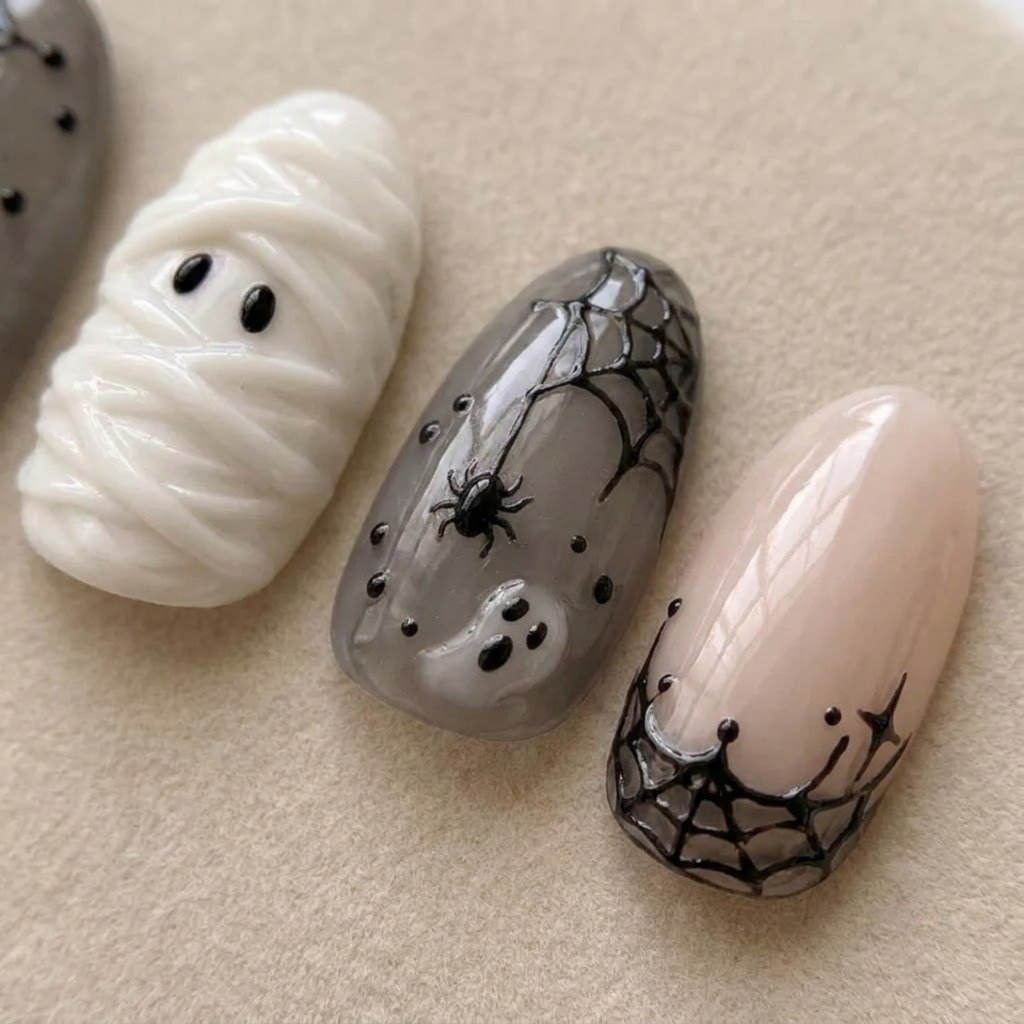 Ghost Press On Nails, Spider Web Halloween Nails, Nude Gray White Nail Set, Handmade Spooky Gel Manicure