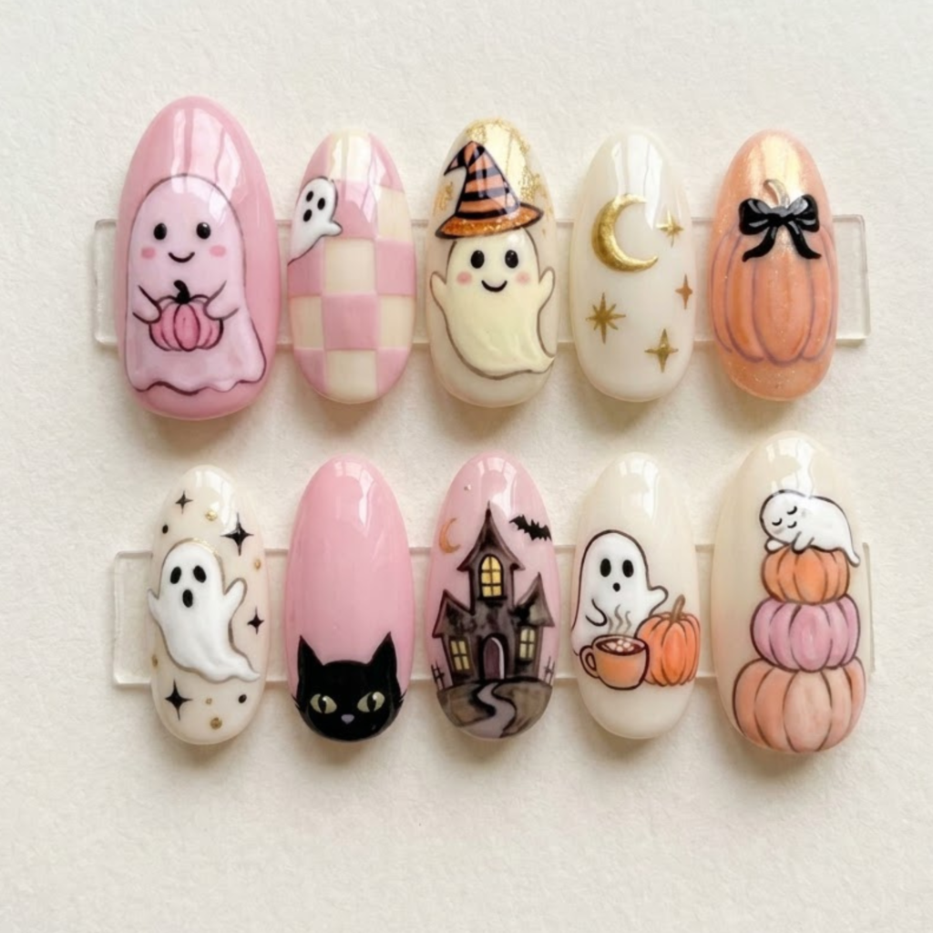 Cute Halloween Press On Nails, Ghost Pumpkin Nails, Black Cat & Haunted House Nails, Handmade Spooky Manicure