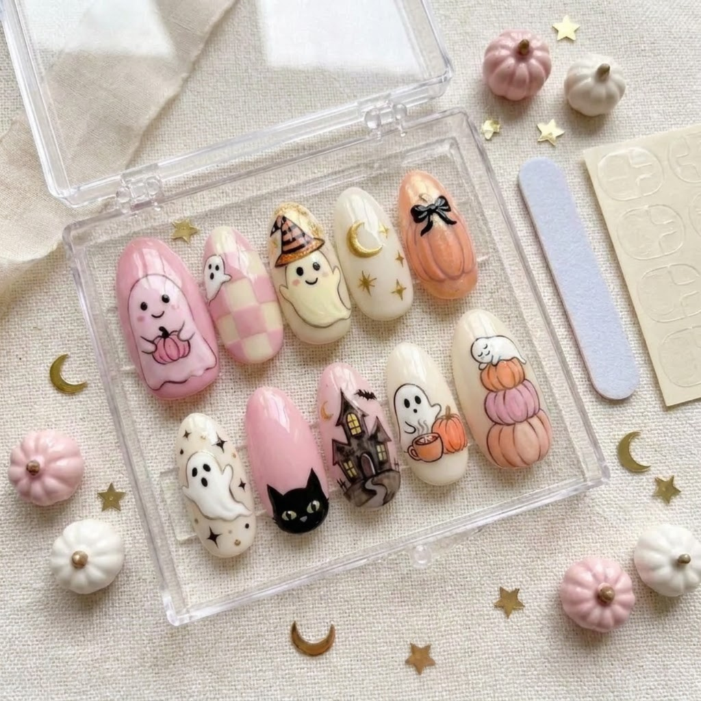 Cute Halloween Press On Nails, Ghost Pumpkin Nails, Black Cat & Haunted House Nails, Handmade Spooky Manicure