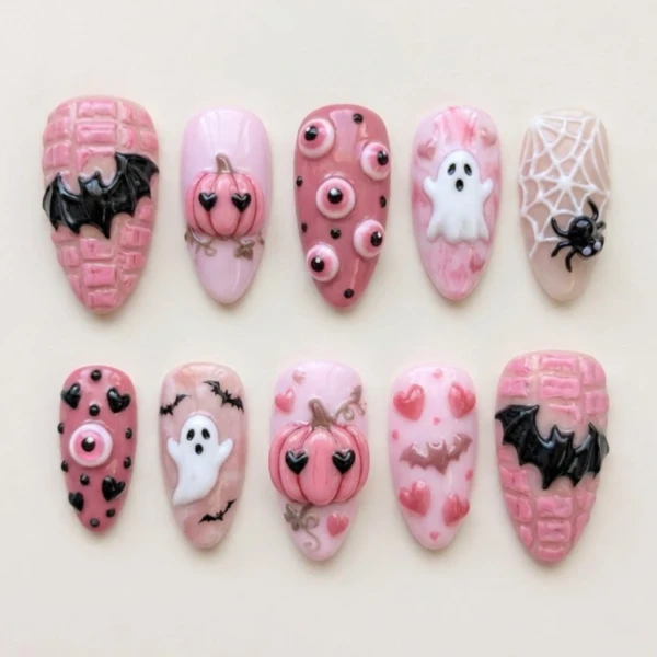 Pink Spooky Press On Nails, Halloween Ghost Pumpkin Nails, Cute Bat Nails, Handmade Gel Manicure