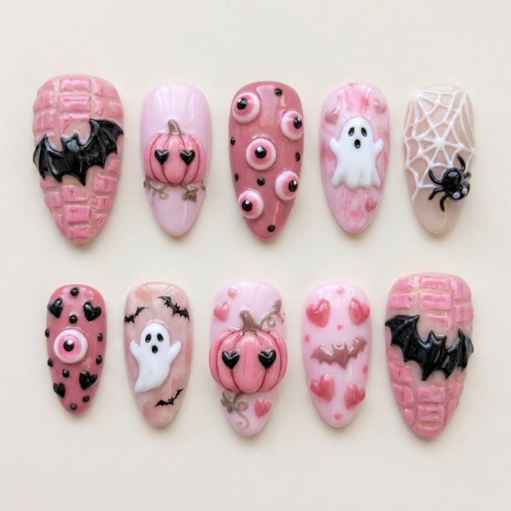 Pink Spooky Press On Nails, Halloween Ghost Pumpkin Nails, Cute Bat Nails, Handmade Gel Manicure